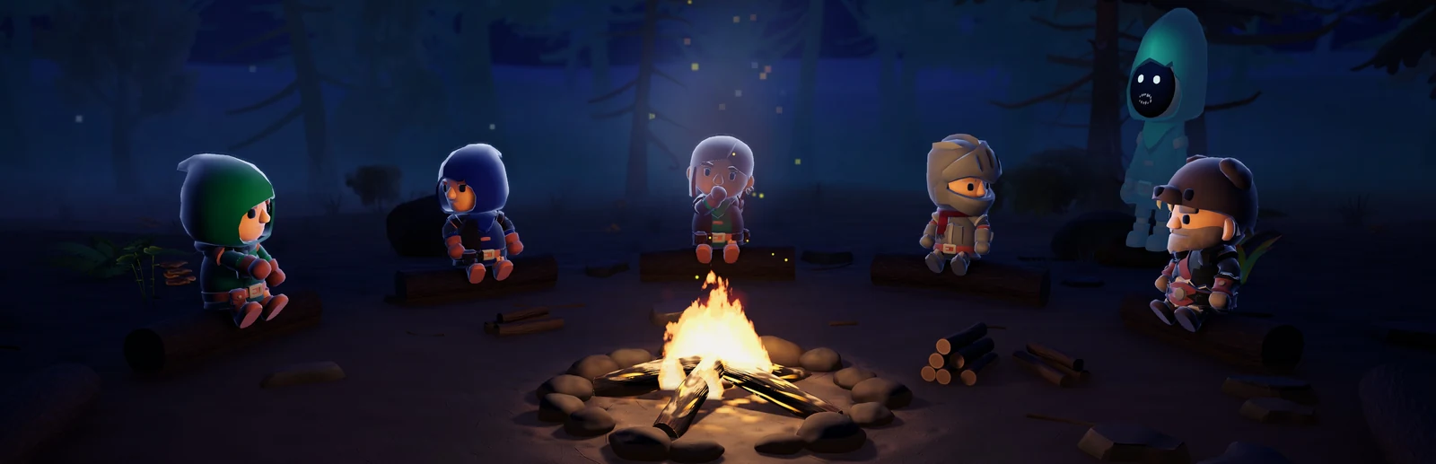 Characters sit around a campfire in the woods at night.