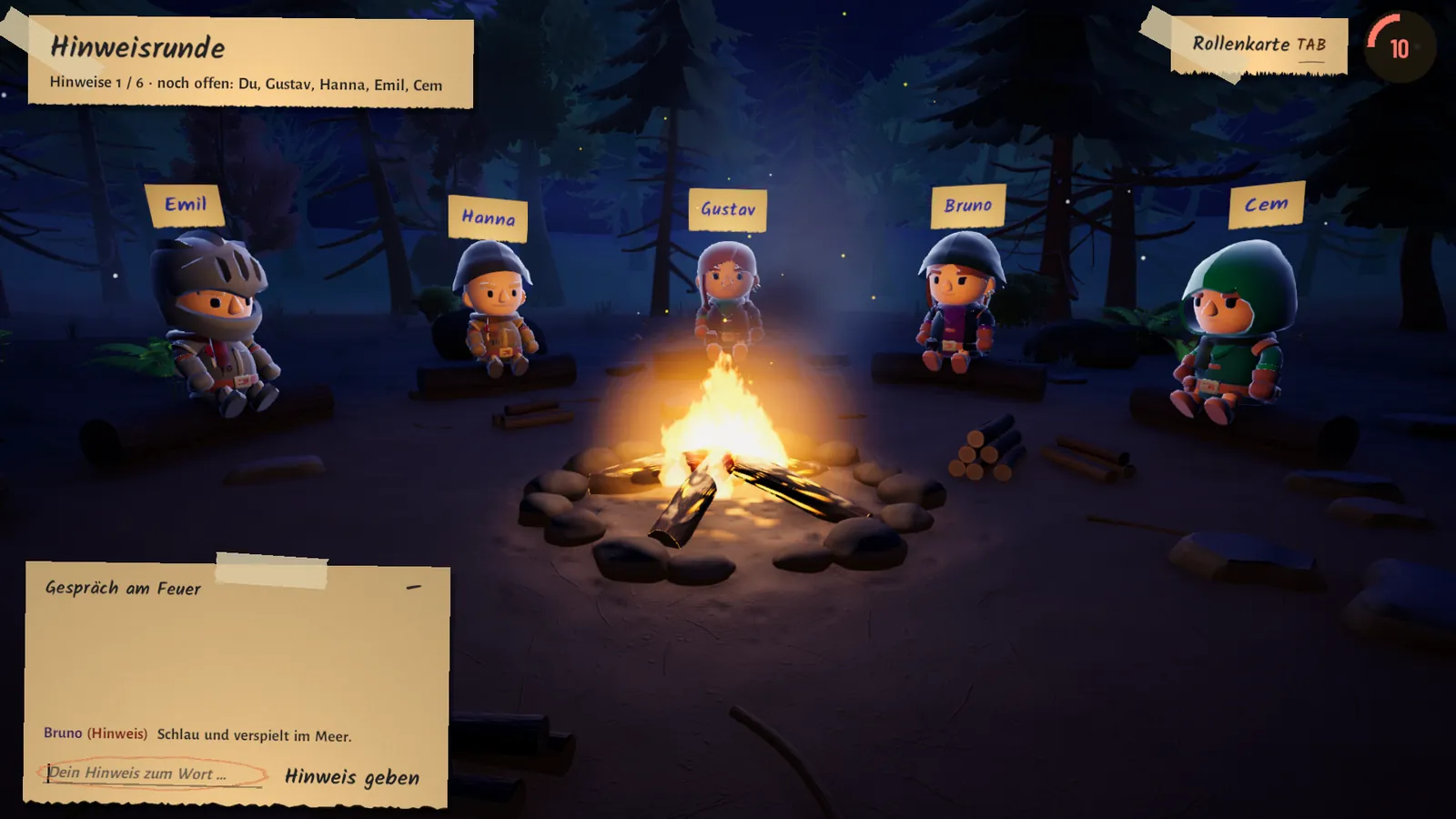 Hinweisrunde: Figuren sitzen um das Lagerfeuer, unten steht der Chat mit den Hinweisen.
