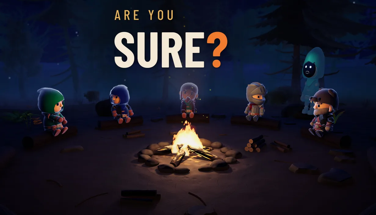 Imagem de capa de Are You Sure?: personagens na fogueira à noite, entre as árvores há um vulto encapuzado.